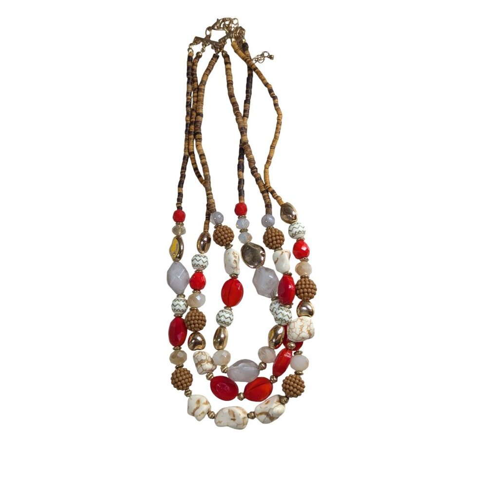 Vintage Multi-Strand Beaded Necklace With Red & Natural Tones Adjustable Lobster